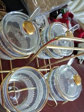 Jeannette Glass Co. Patrician Greek Key with Gold Trim 4 Jar Set With Gold Caddy